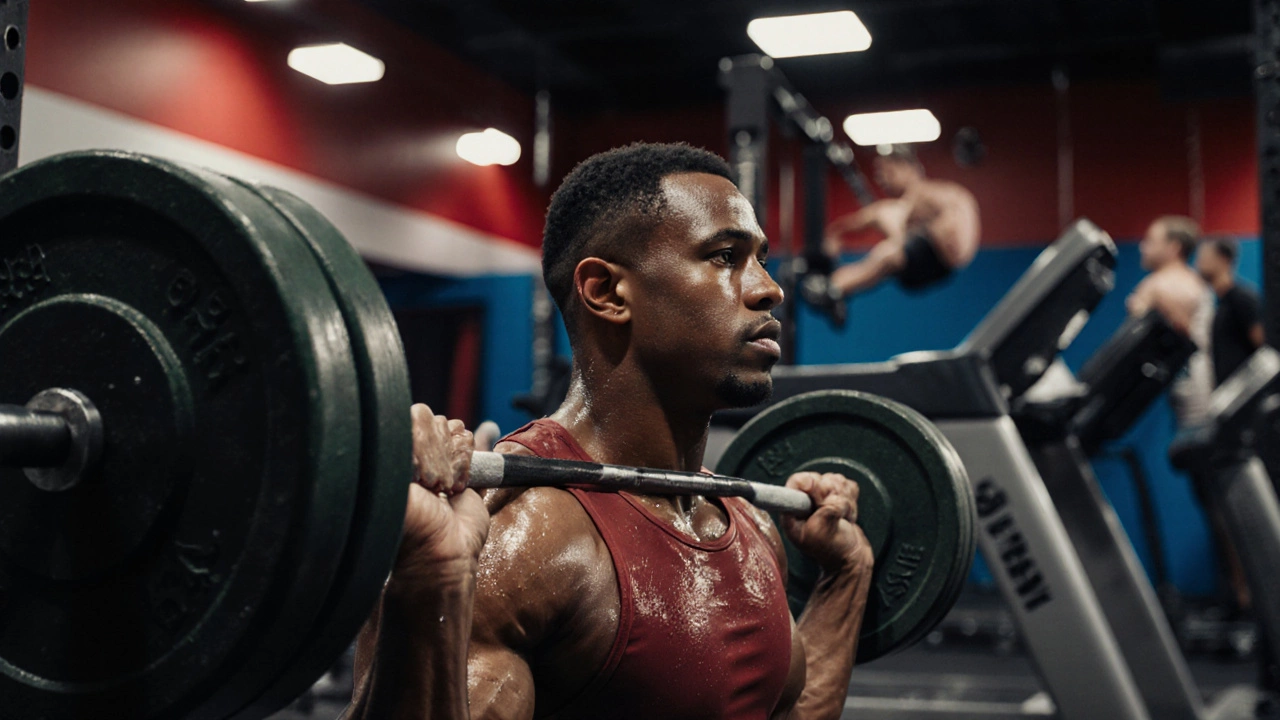 Athlete performing a bench press while a treadmill and kettlebell swing are blurred in the background.