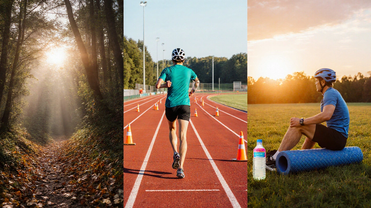 Collage illustration of long trail run, track intervals, and recovery activities for training.