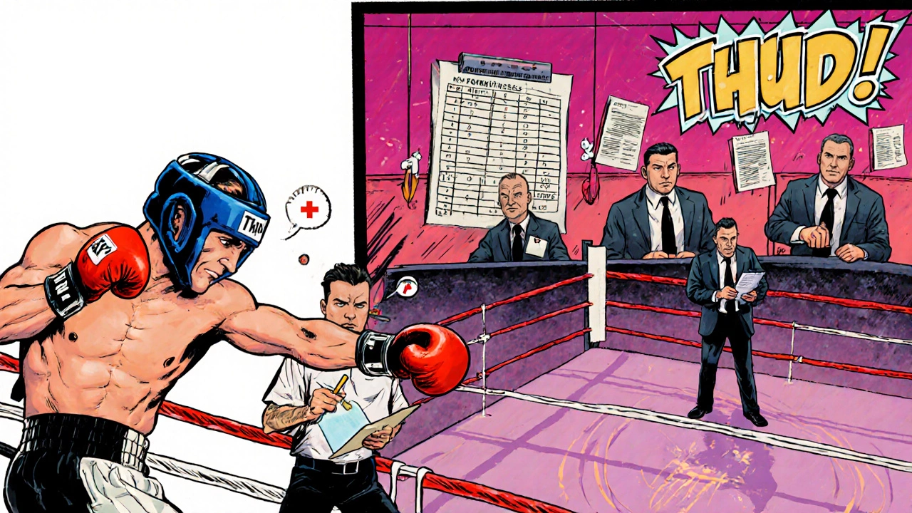 Comic‑style illustration showing a head‑geared boxer, trainer, medical staff, and a fight referee with scorecards.