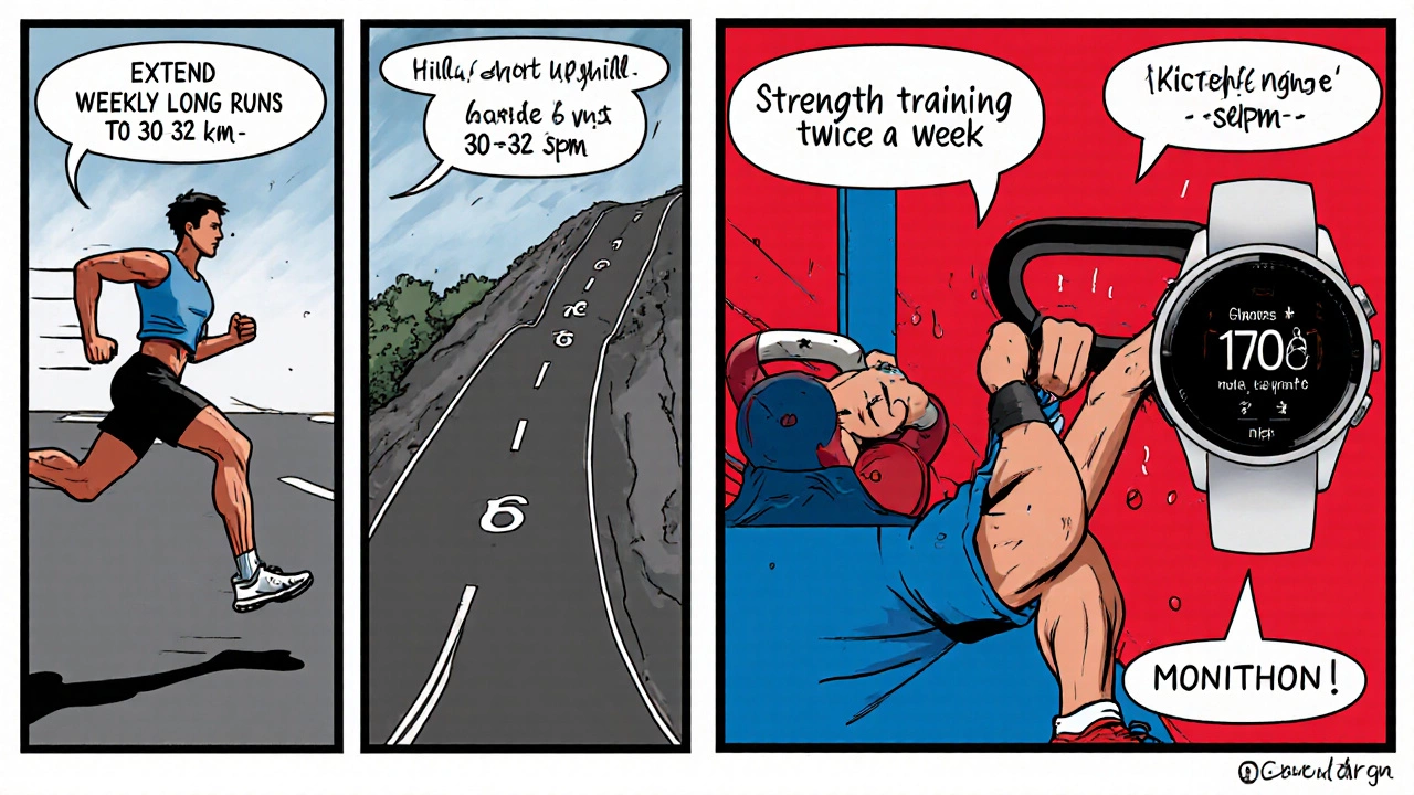 Comic‑style panels showing long run, hill repeats, strength training, and smartwatch cadence monitoring.