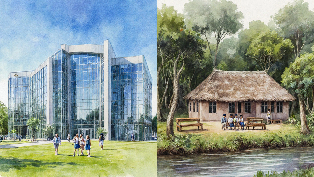 Contrast between a modern São Paulo university and a remote Amazon village school.