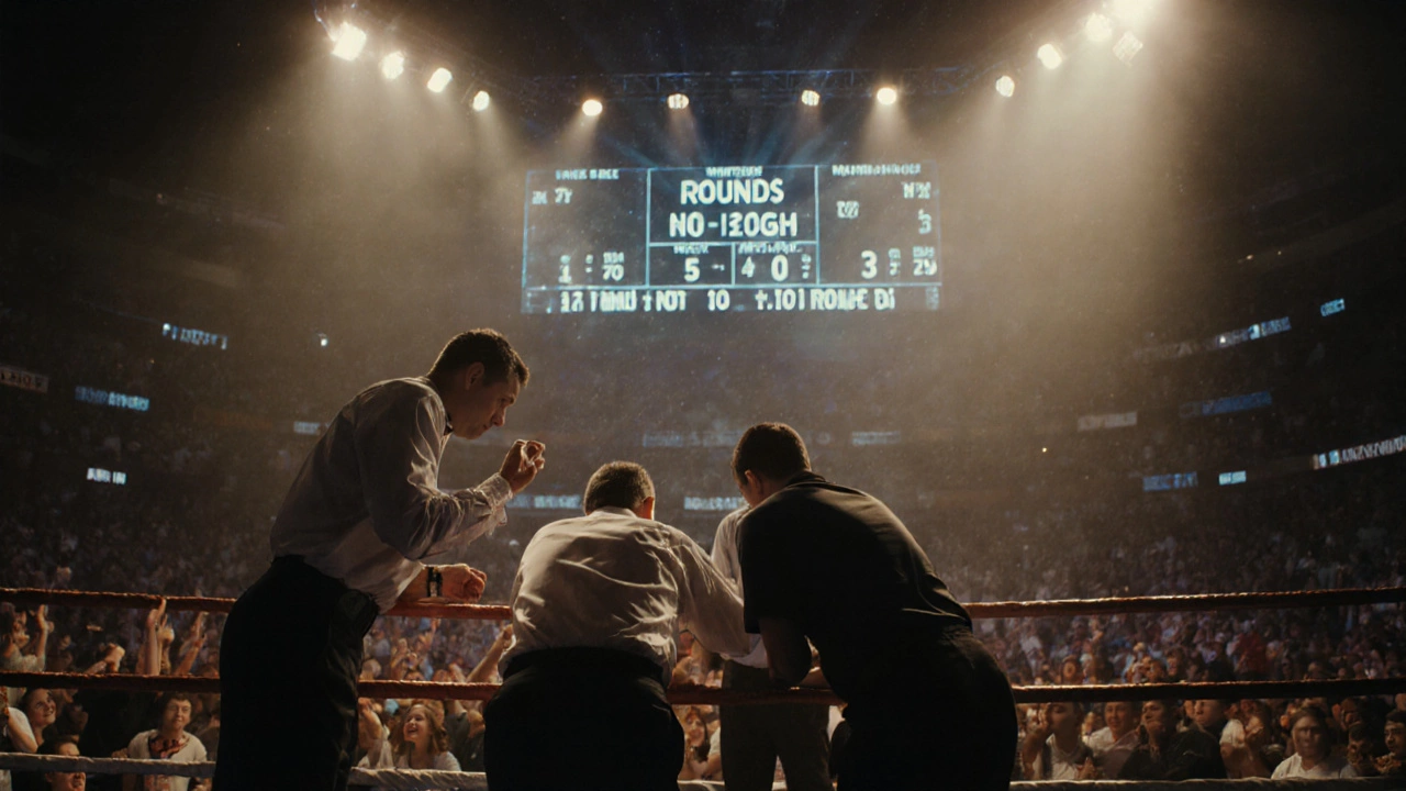 Crowd watching a fight, scoreboard glowing, corner team advising boxer during break.