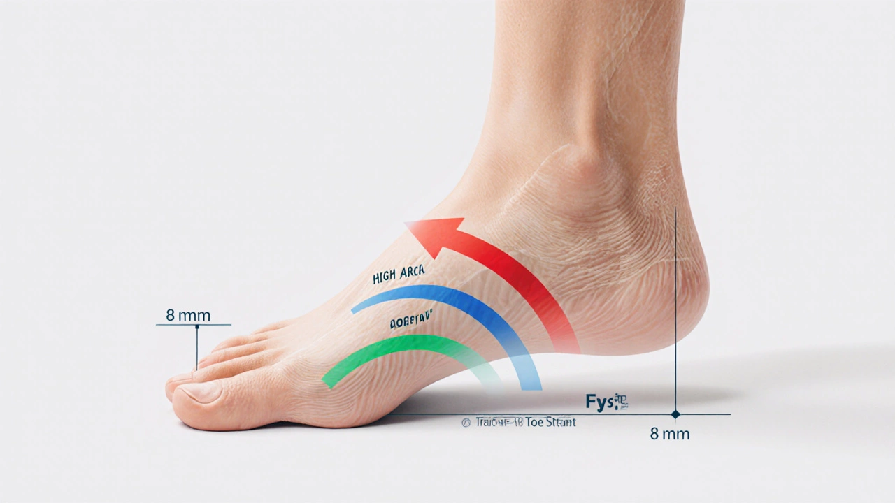 Cut‑away illustration showing pronation, arch types, and heel‑to‑toe drop on a runner’s foot.