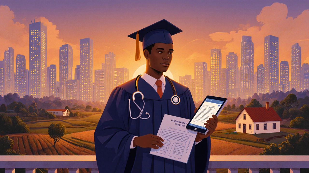 Educated Brazilian adult with diploma and tablet overlooking city and countryside.