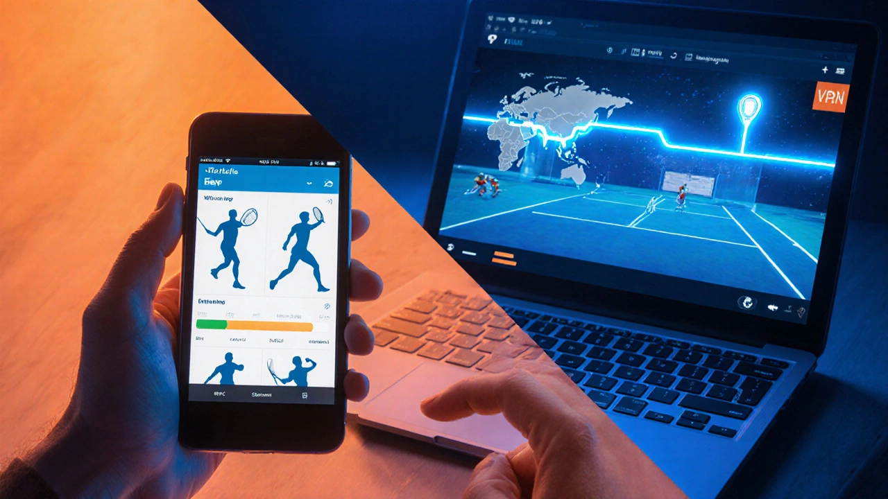Fan using a phone and laptop with a VPN line over a world map to watch multiple tennis streams.