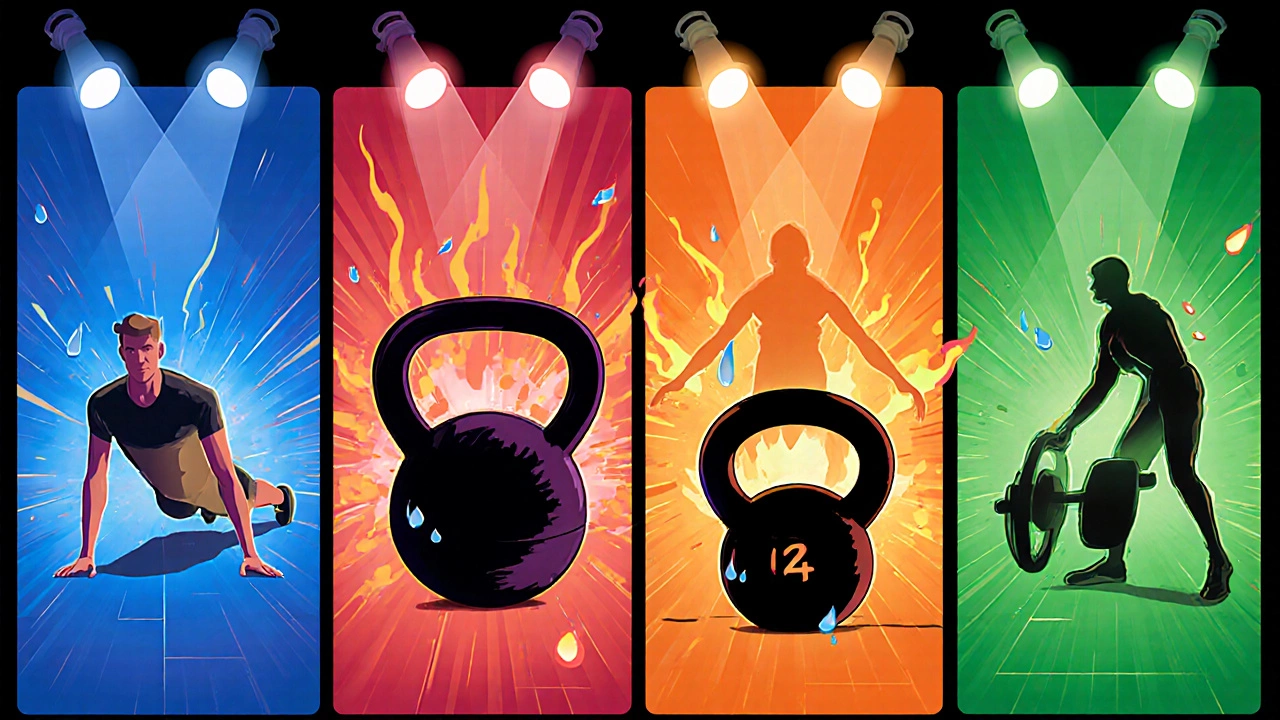 Four‑panel illustration showing push‑ups, air squats, kettlebell swings, and burpees in a circuit.
