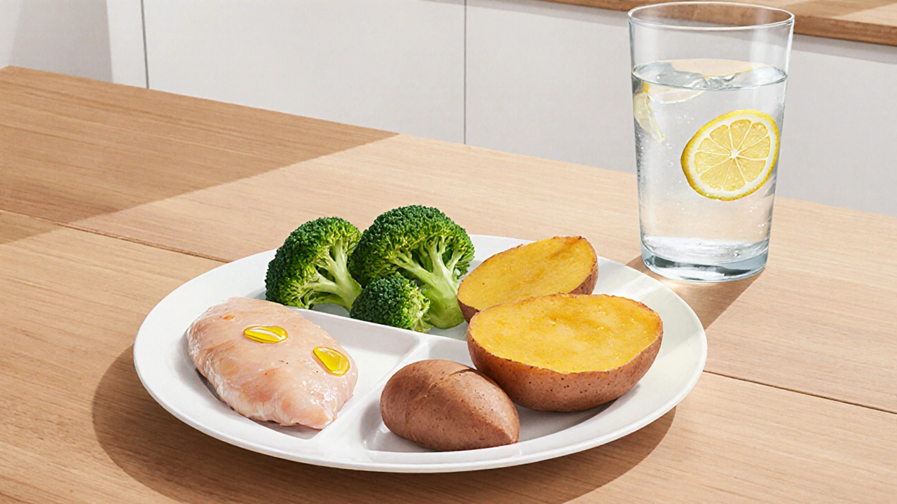 Healthy meal with chicken, broccoli, sweet potato, and olive oil on wooden table.