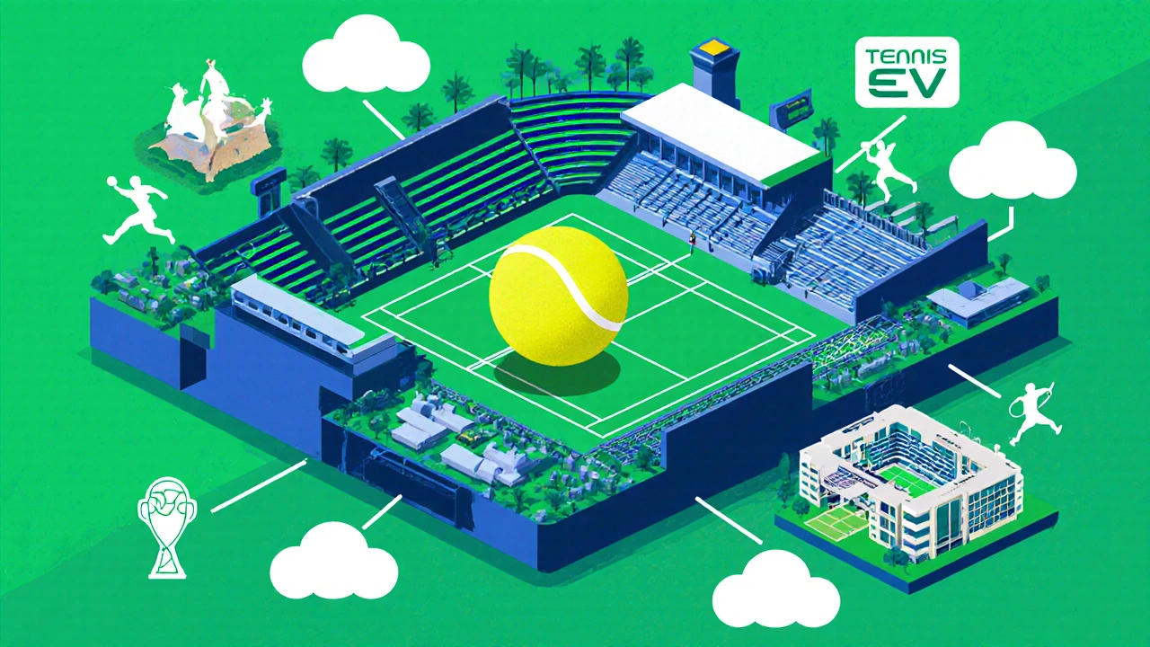 Illustrated collage of major tennis venues and streaming icons representing tournament tiers.