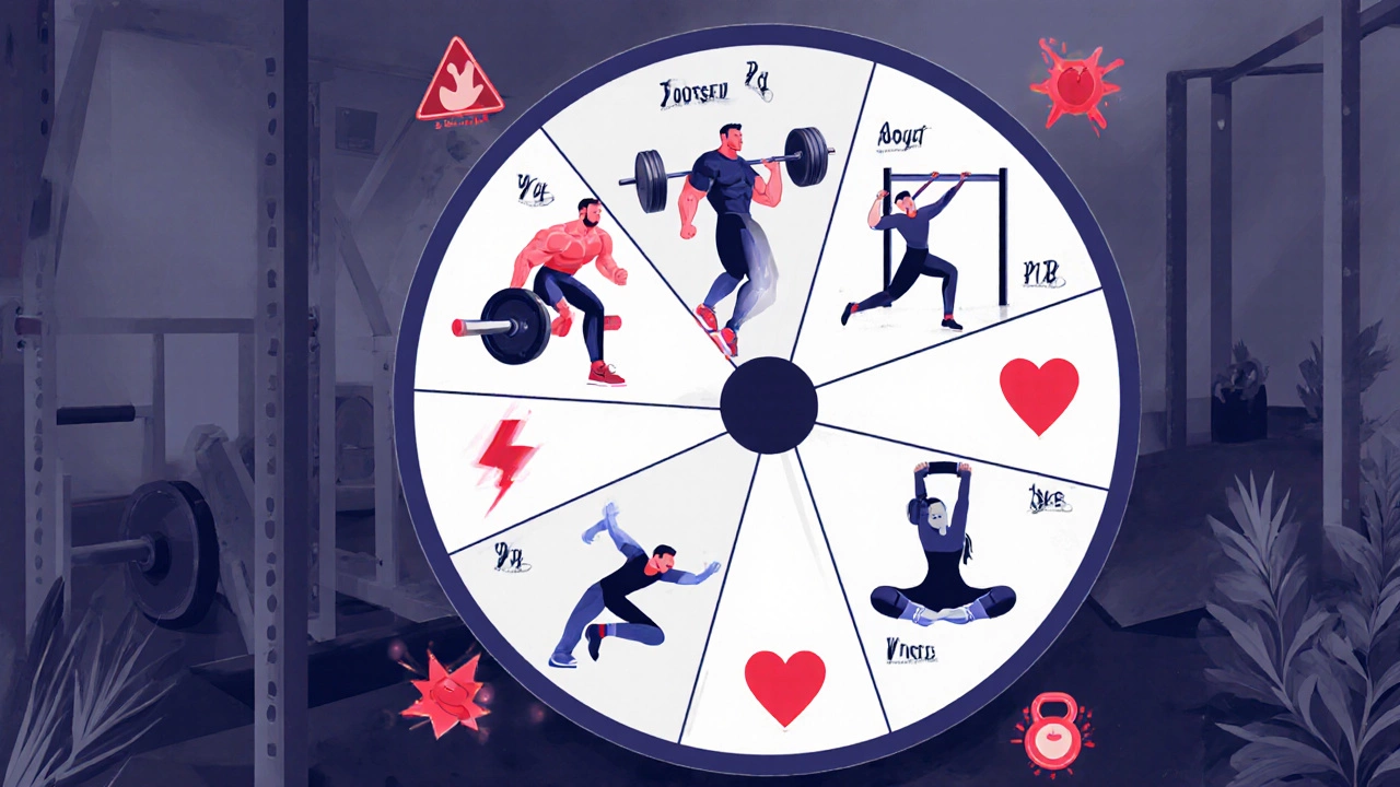 Illustrated weekly workout wheel showing push, squat, cardio, pull, plyo, yoga, circuit with subtle overtraining warnings.