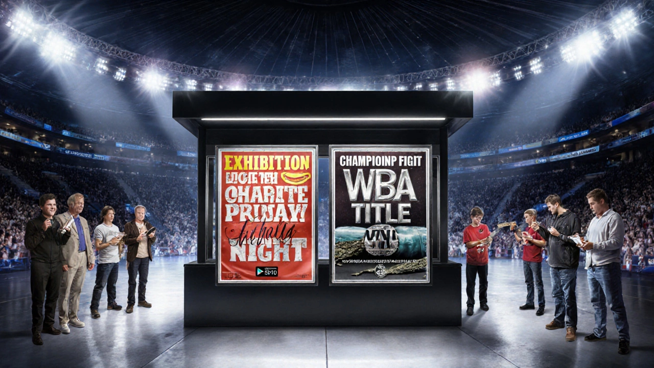 Illustration of a ticket booth with posters for an exhibition charity event and a championship fight.