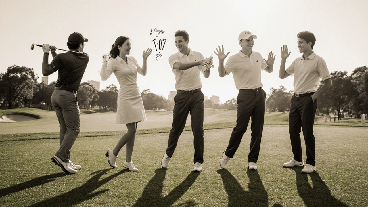International golfers demonstrating different warning shouts on a shared course.