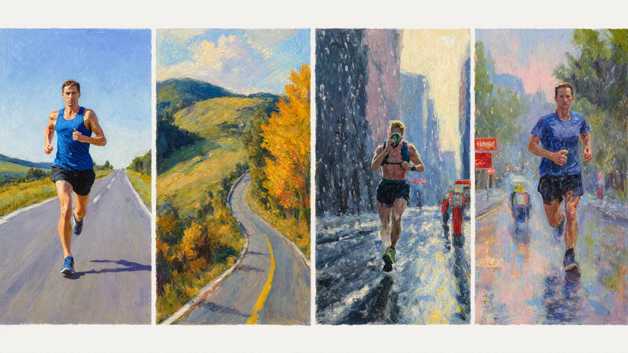 Painterly scene showing a runner on flat road, hills, rain, and hydration station representing race factors.