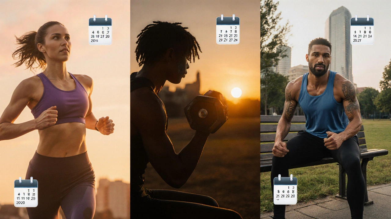 People working out at different times of day — morning, noon, evening — with calendar icons symbolizing consistency.