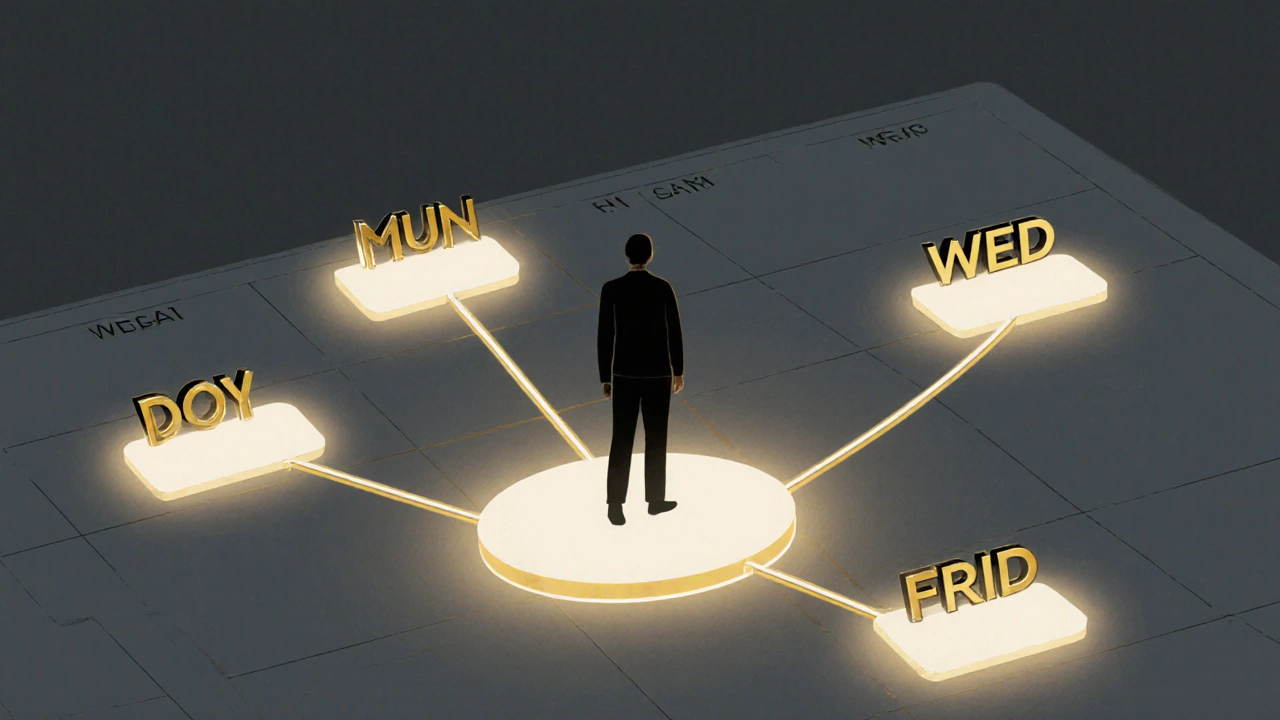 Person at the center of a weekly calendar with glowing workout days connected by a path, representing habit formation.