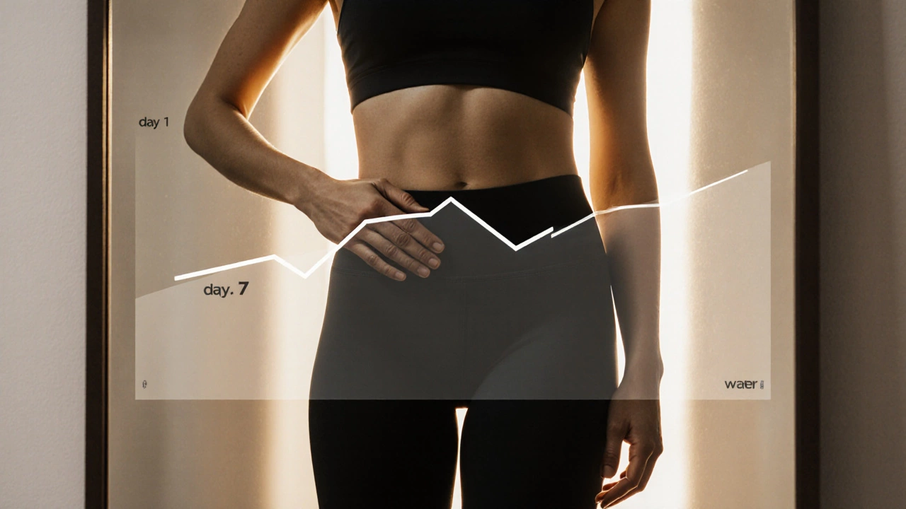 Person looking in mirror on day 7, appearing leaner, with progress trend overlay.