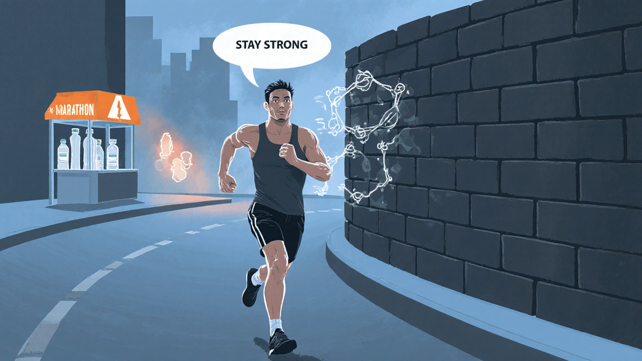 Runner confronting a translucent wall representing the marathon &#039;wall&#039; at 30 km.