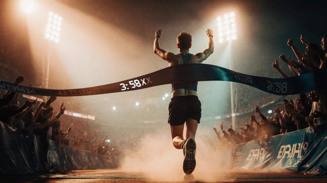 Runner crossing marathon finish line, arms raised, under stadium lights, nearing 4‑hour mark.