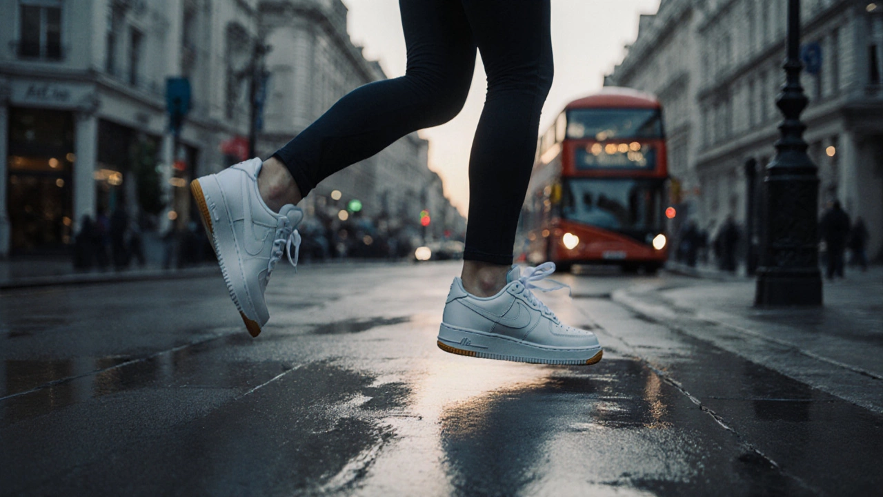 Runner in early morning London street wearing Air Force 1s with visible orthotic insole, captured in motion.