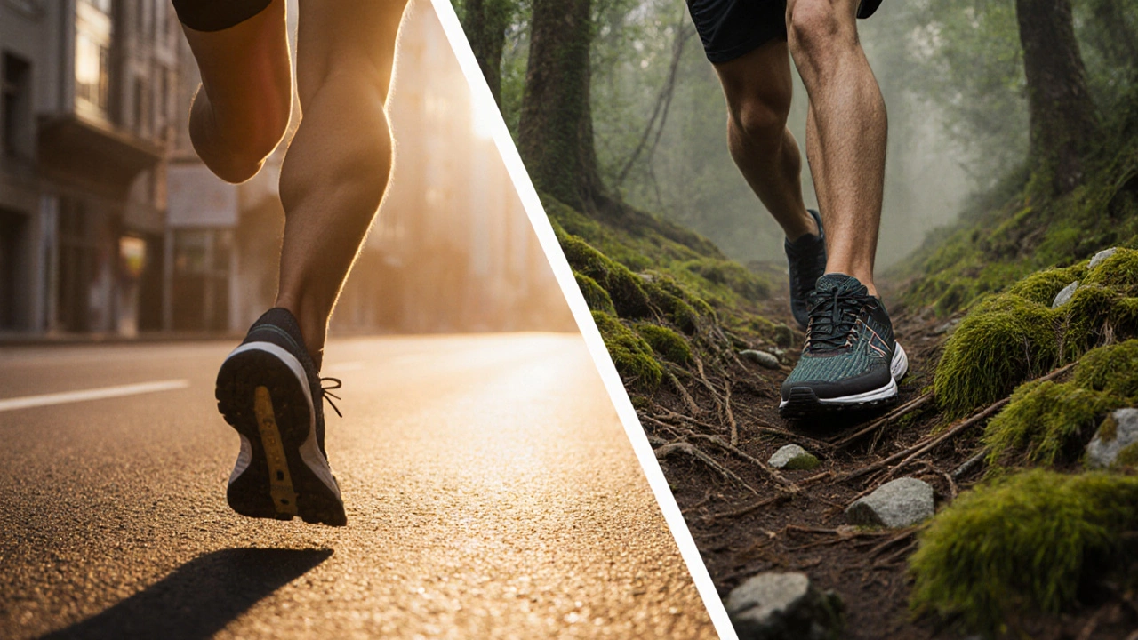 Runner moving from pavement to forest trail, highlighting road and trail shoes in split scene.