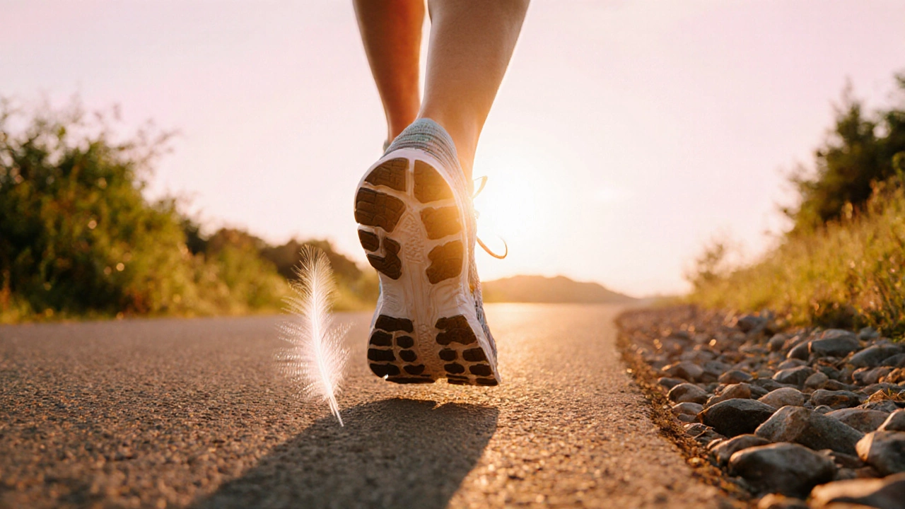Runner sprinting across a sunrise landscape, transitioning from road to trail, wearing a lightweight, well‑cushioned running shoe.