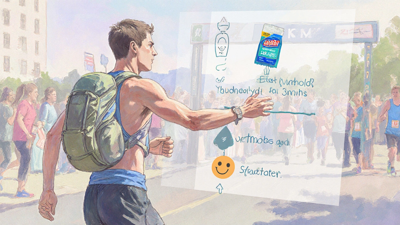 Runner using hydration, gels, and mental cues near a 30 km aid station.