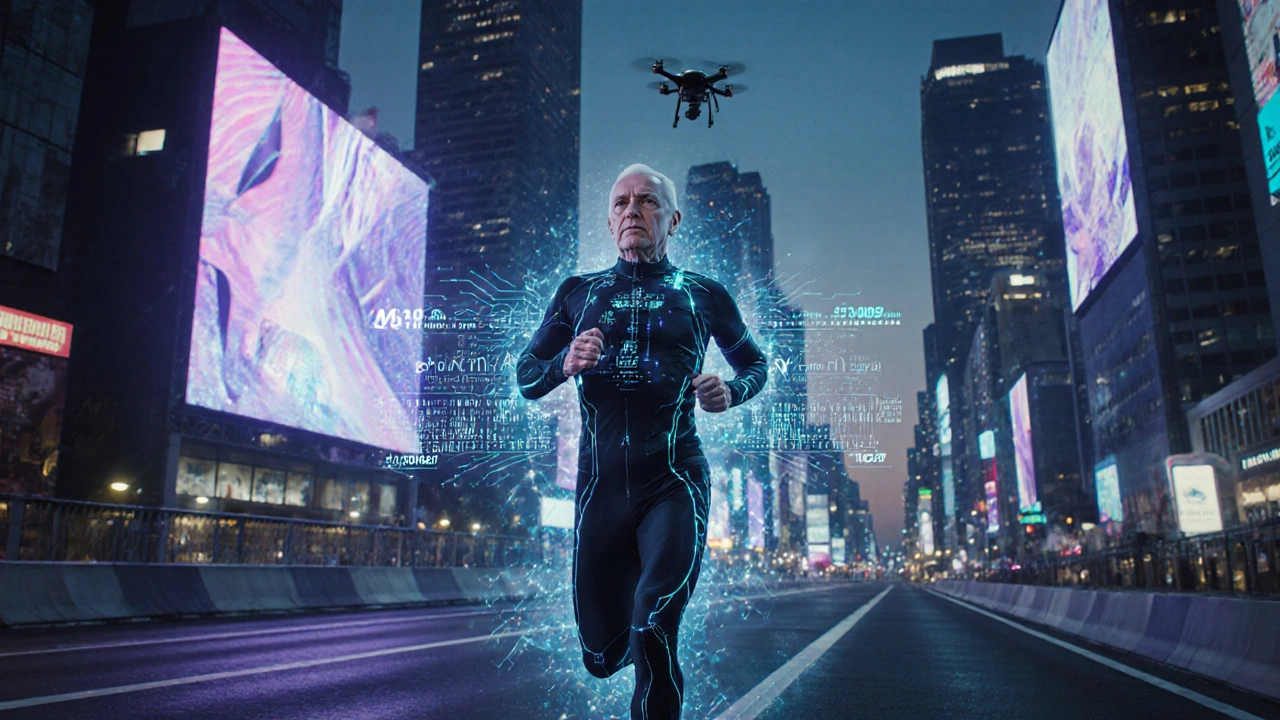 Senior runner in high‑tech suit with holographic data in futuristic marathon.