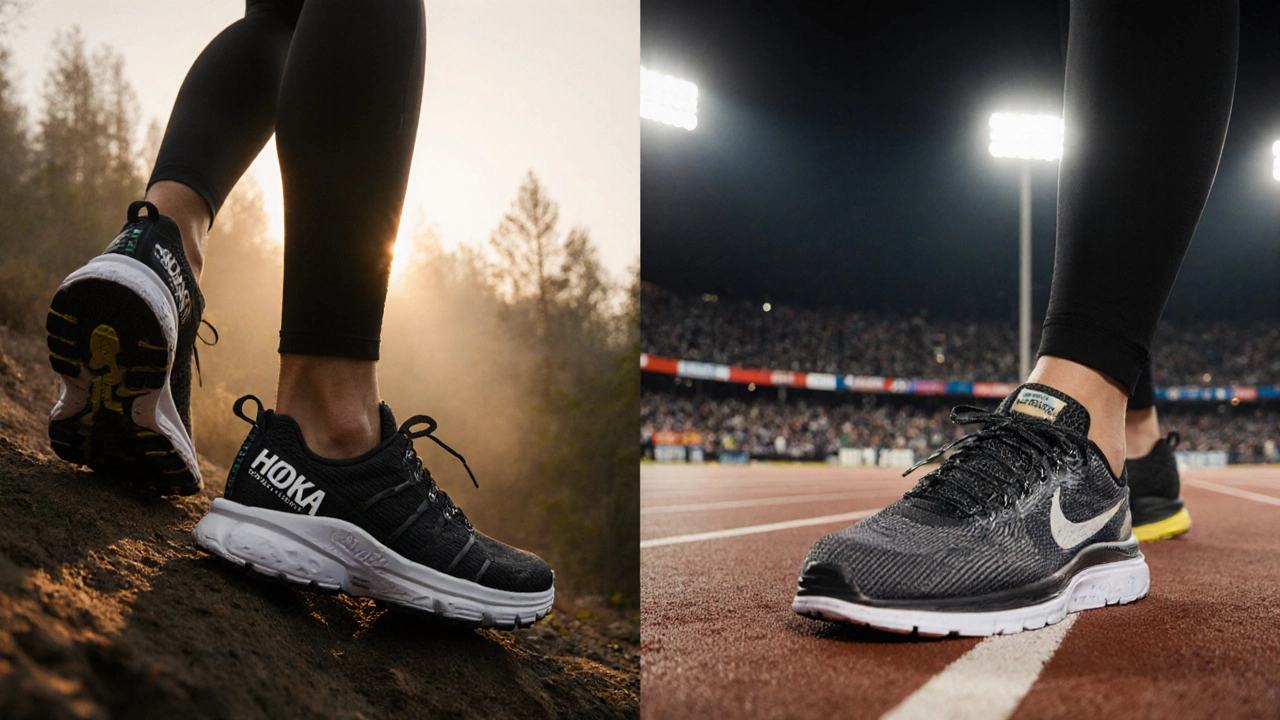 Side‑by‑side close‑up of HOKA trail shoe and Nike track shoe in split view.