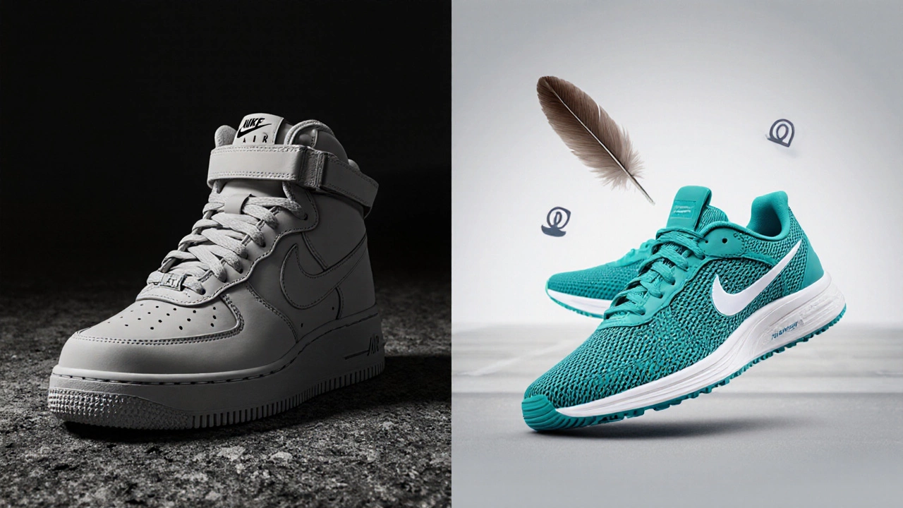 Side‑by‑side illustration comparing a bulky Air Force 1 with a lightweight, bright teal running shoe.