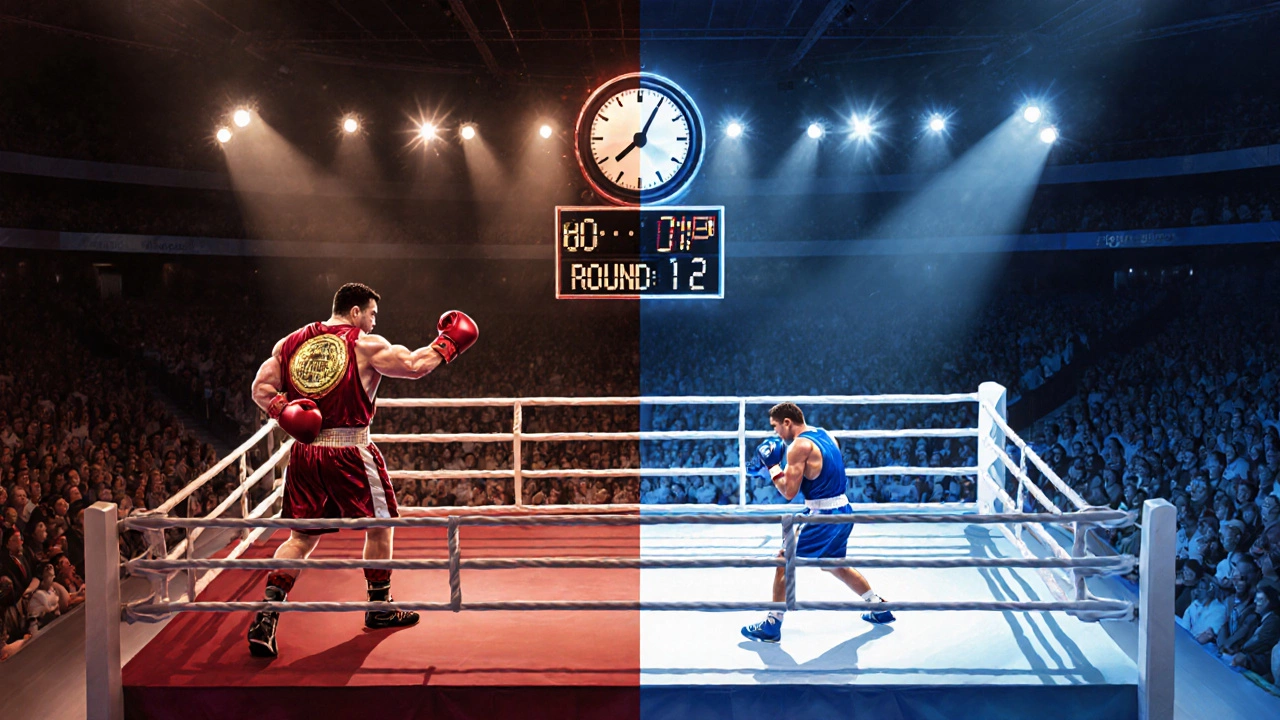 Side‑by‑side view of a pro title fight and an amateur Olympic boxing match.