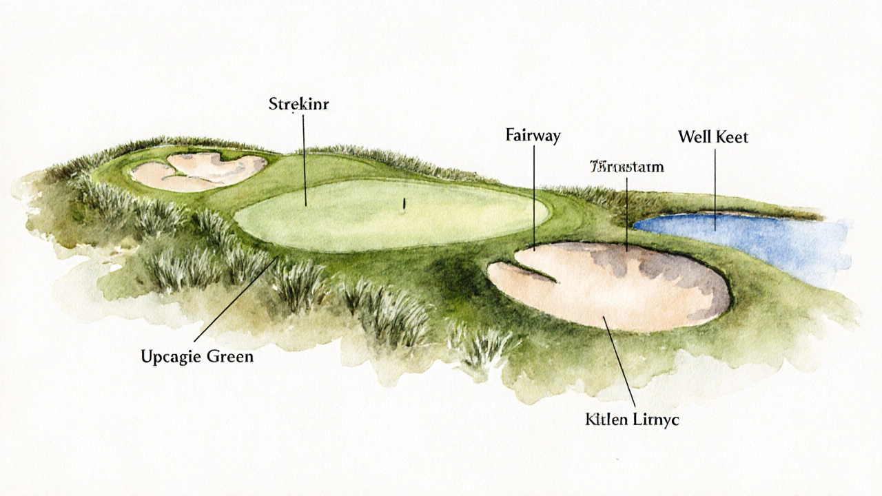 Side illustration of a golf hole showing tee box, fairway, rough, green, bunker, and pond.