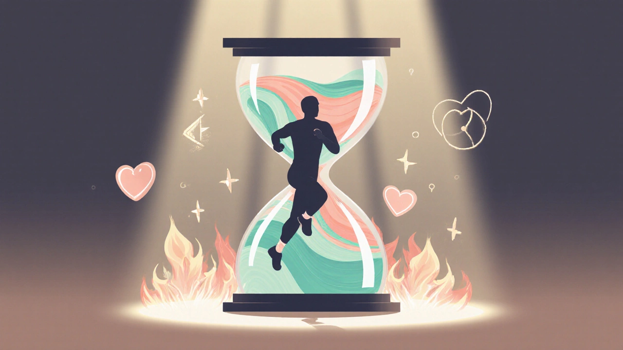 Silhouette emerging from an hourglass with pastel flames, symbolizing quick workout benefits.