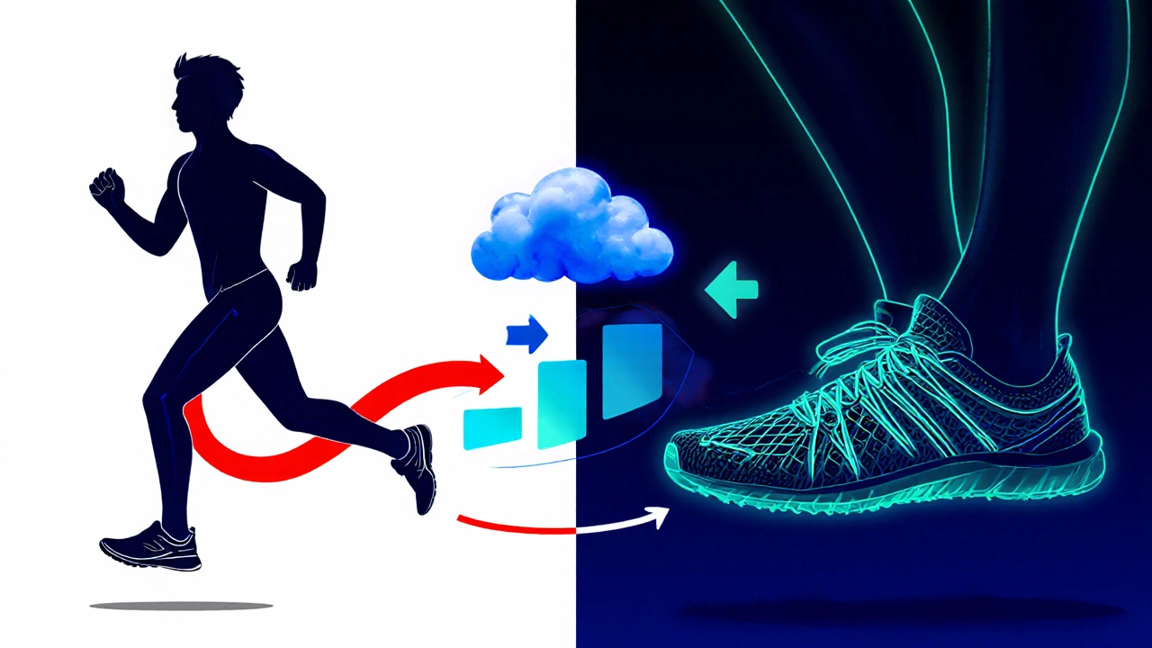 Split illustration of overpronation and underpronation foot motions with contrasting shoes and visual cues for heel drop and breathability.