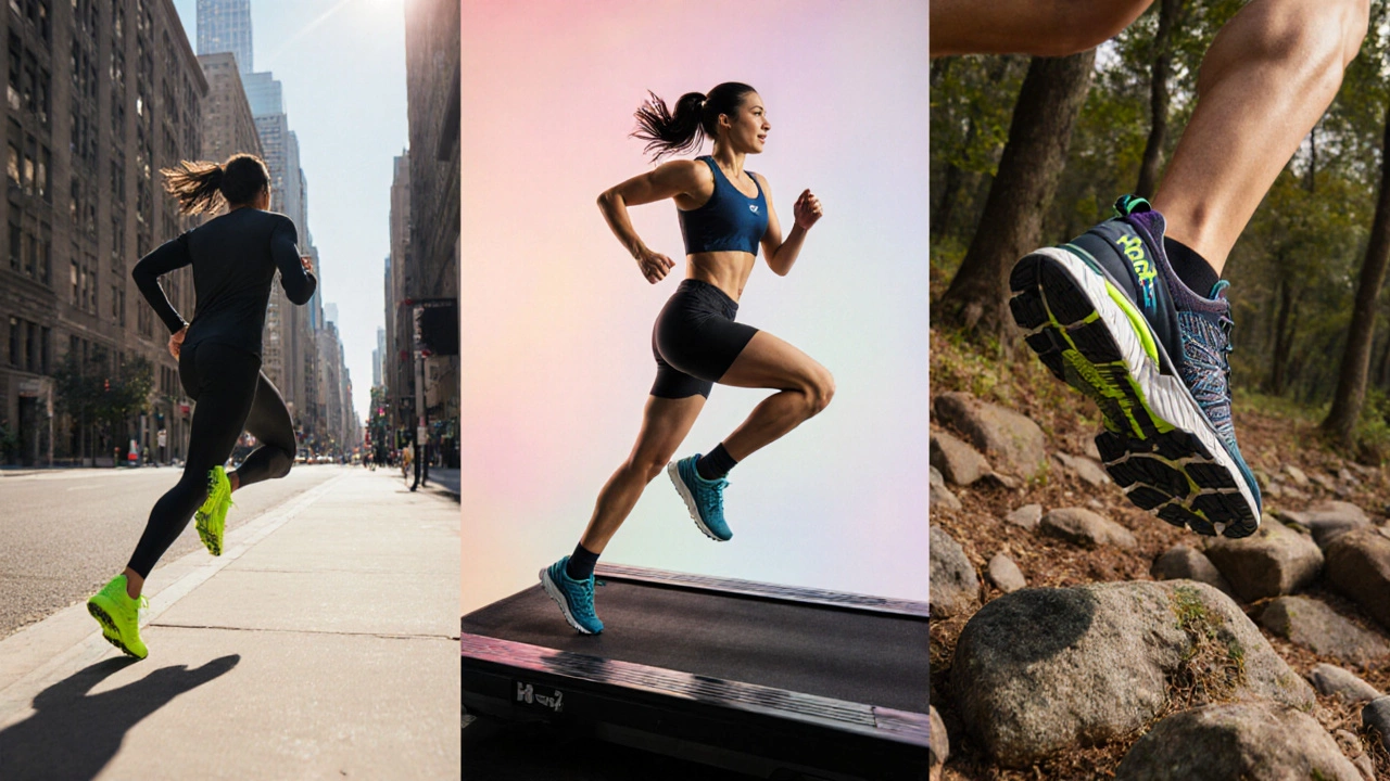 Three Hoka models displayed on road, treadmill, and trail.