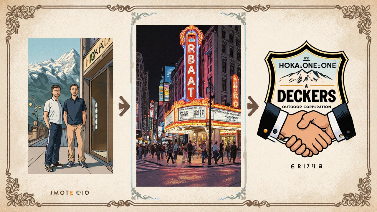 Vintage style illustration showing HOKA founders, NYC store, and Deckers acquisition.