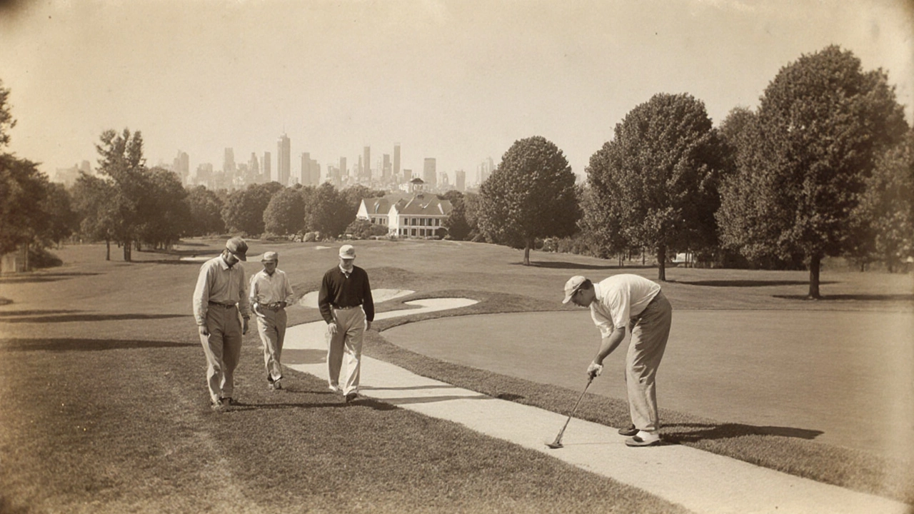 Vintage style image of golfers repairing divots and walking on a cart path at an executive course.