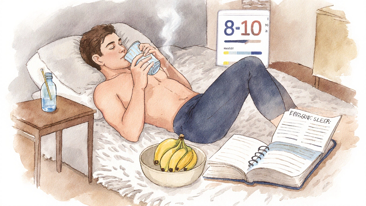Watercolor of athlete resting at home with protein shake, water, sleep tracker, and journal.
