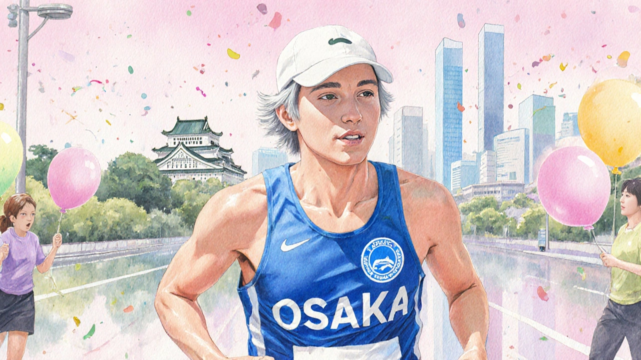 Yoshihiko Hasegawa running the Osaka Marathon with city landmarks behind.