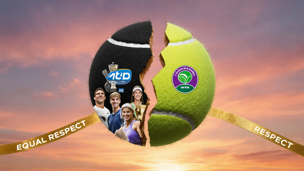 A fractured tennis ball divided into ATP and WTA sides, connected by a golden thread.