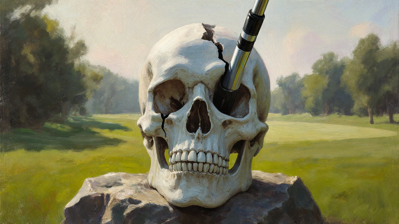 A golf club strikes a rock shaped like a skull, serene landscape behind, symbolizing deadly misuse.