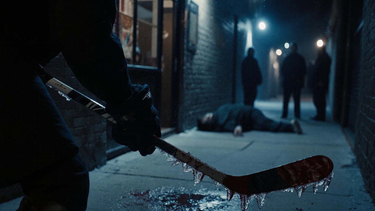 A hockey stick swings in an alley, blood on pavement, figures watching in the distance.