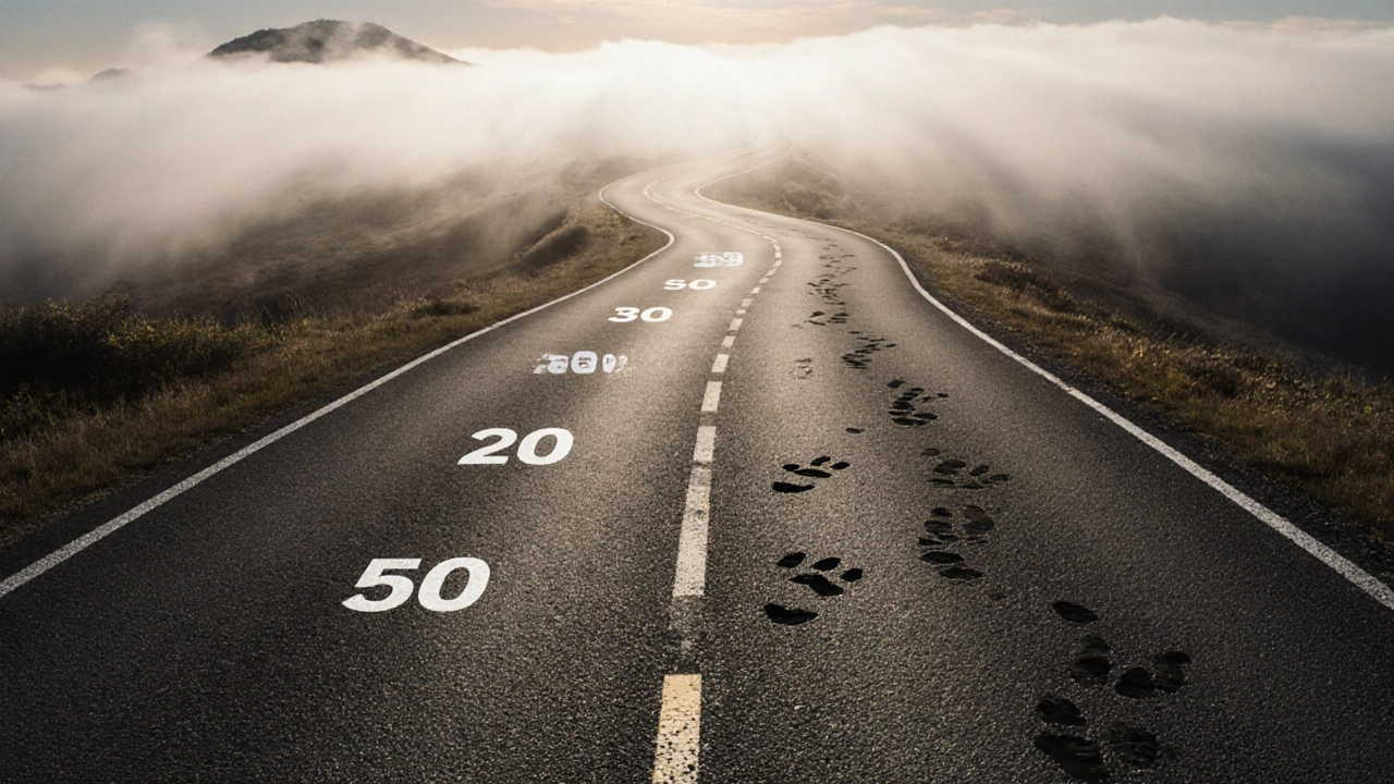 A road marked with age milestones, showing smoother, stronger footprints after age 35.