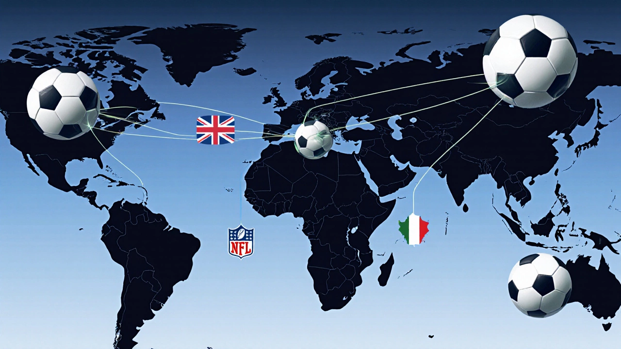 Global map showing rugby balls only in a few countries, elsewhere dominated by soccer and NFL symbols.