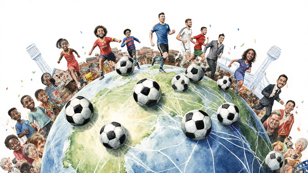 Globe with footballs connecting cultures, symbolizing football as a universal language.