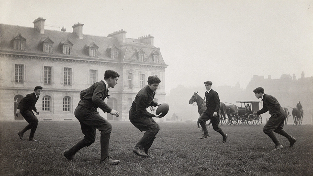 Late 1800s French students playing rugby on a grassy field near a university building.