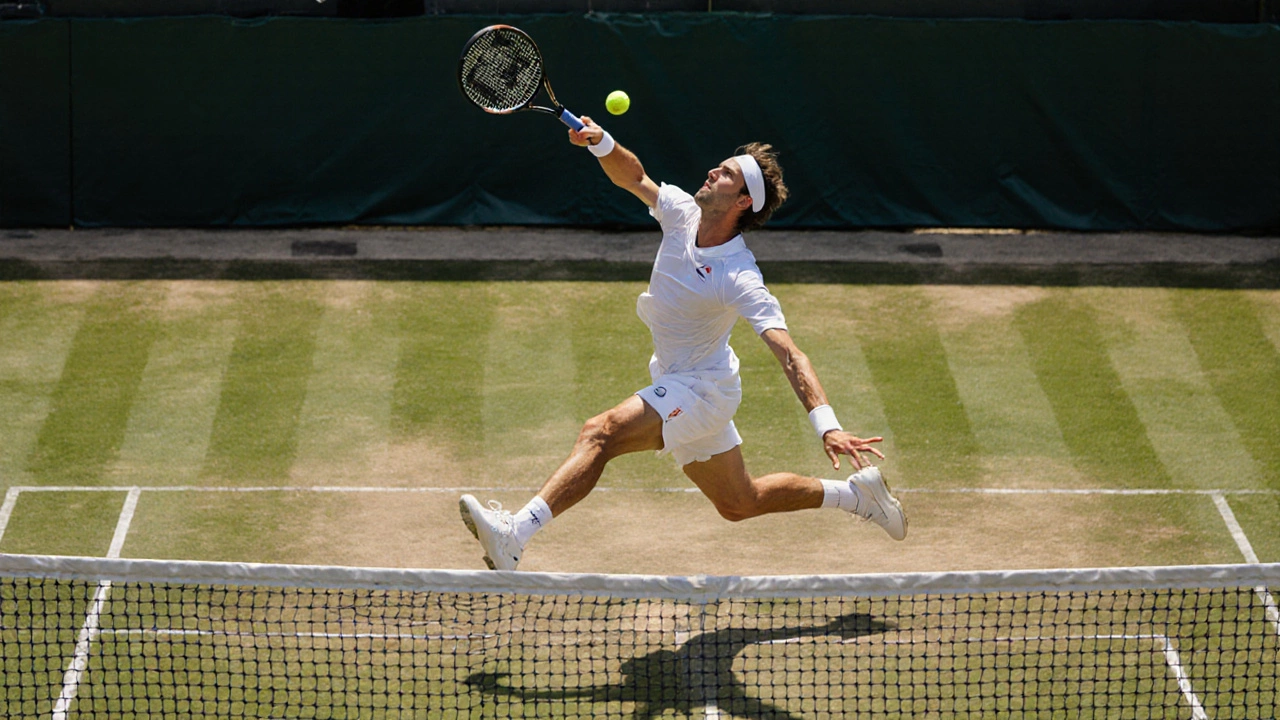 Net rusher executing a powerful overhead volley on grass court.
