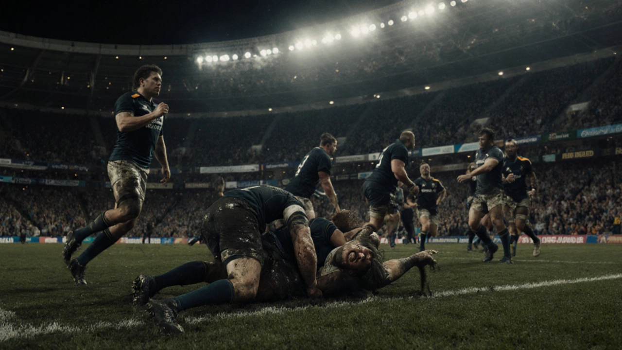 Rugby players in mud on a field with one injured and medics rushing in.