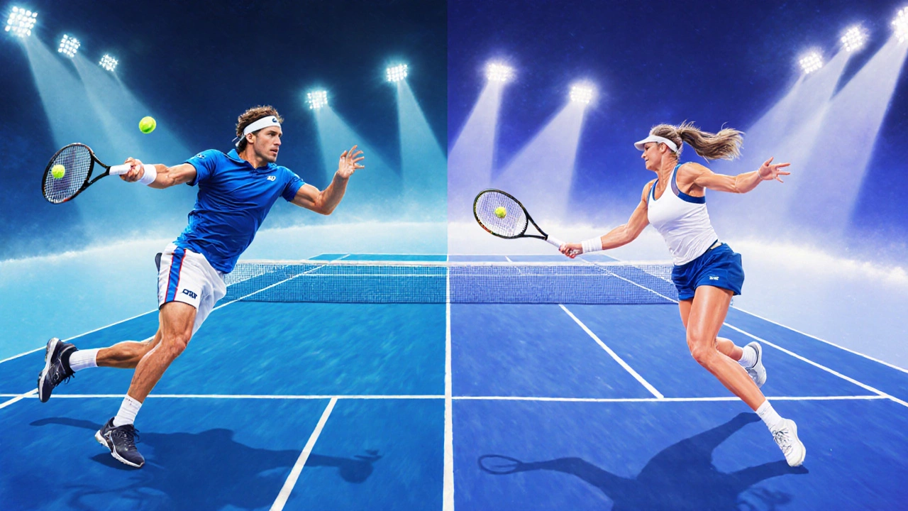 Side-by-side scenes of men&#039;s and women&#039;s professional tennis matches on identical courts.