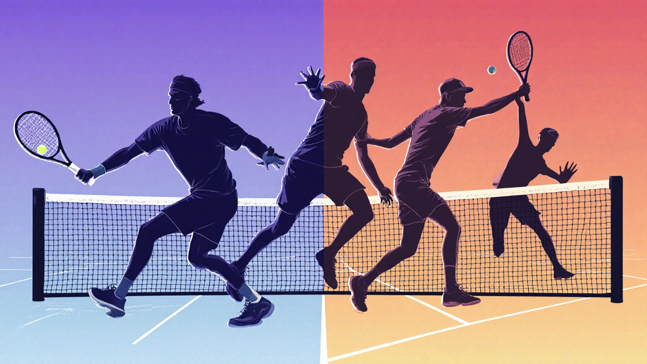 Silhouette of tennis player showing four playing styles in one image.