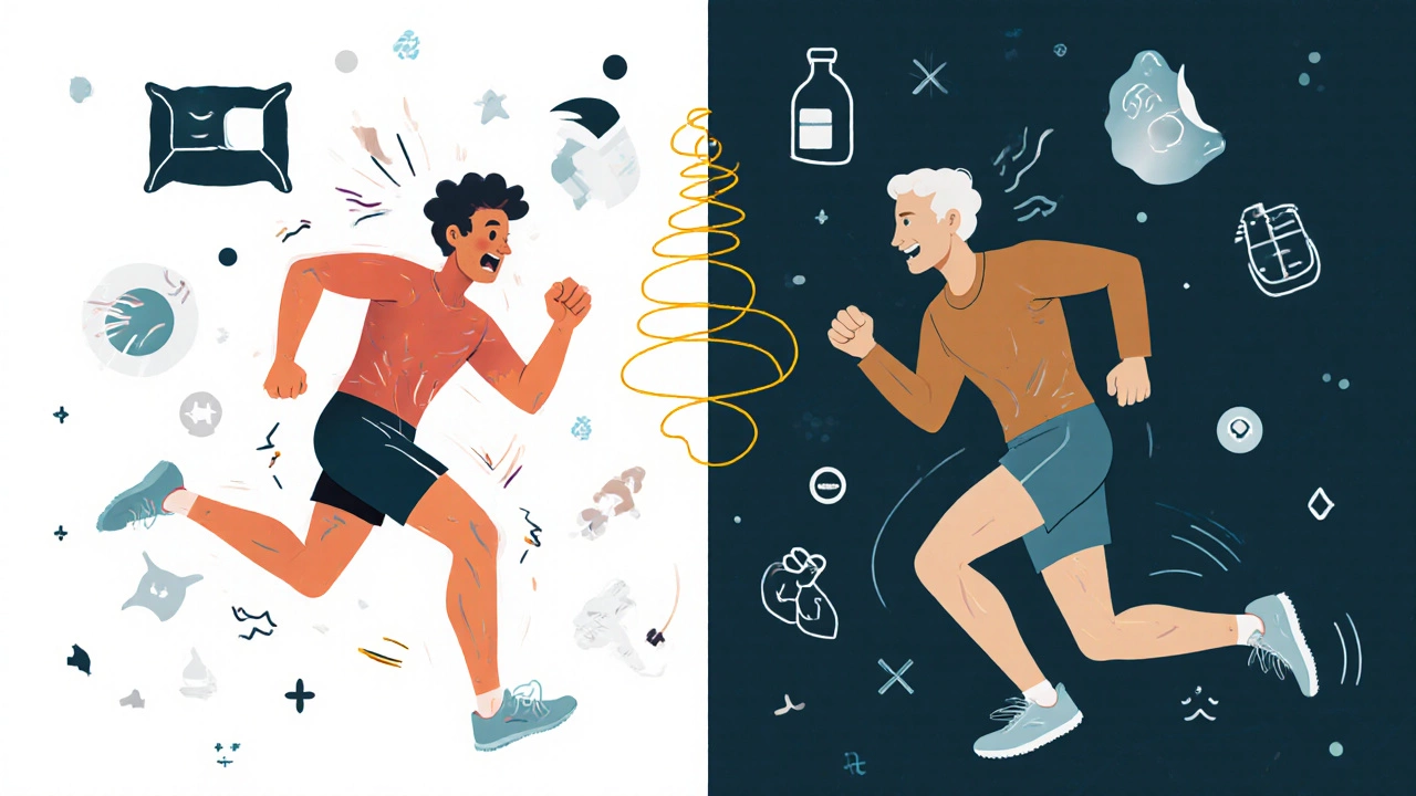 Split image comparing a young runner&#039;s chaotic effort with an older runner&#039;s steady, efficient form.