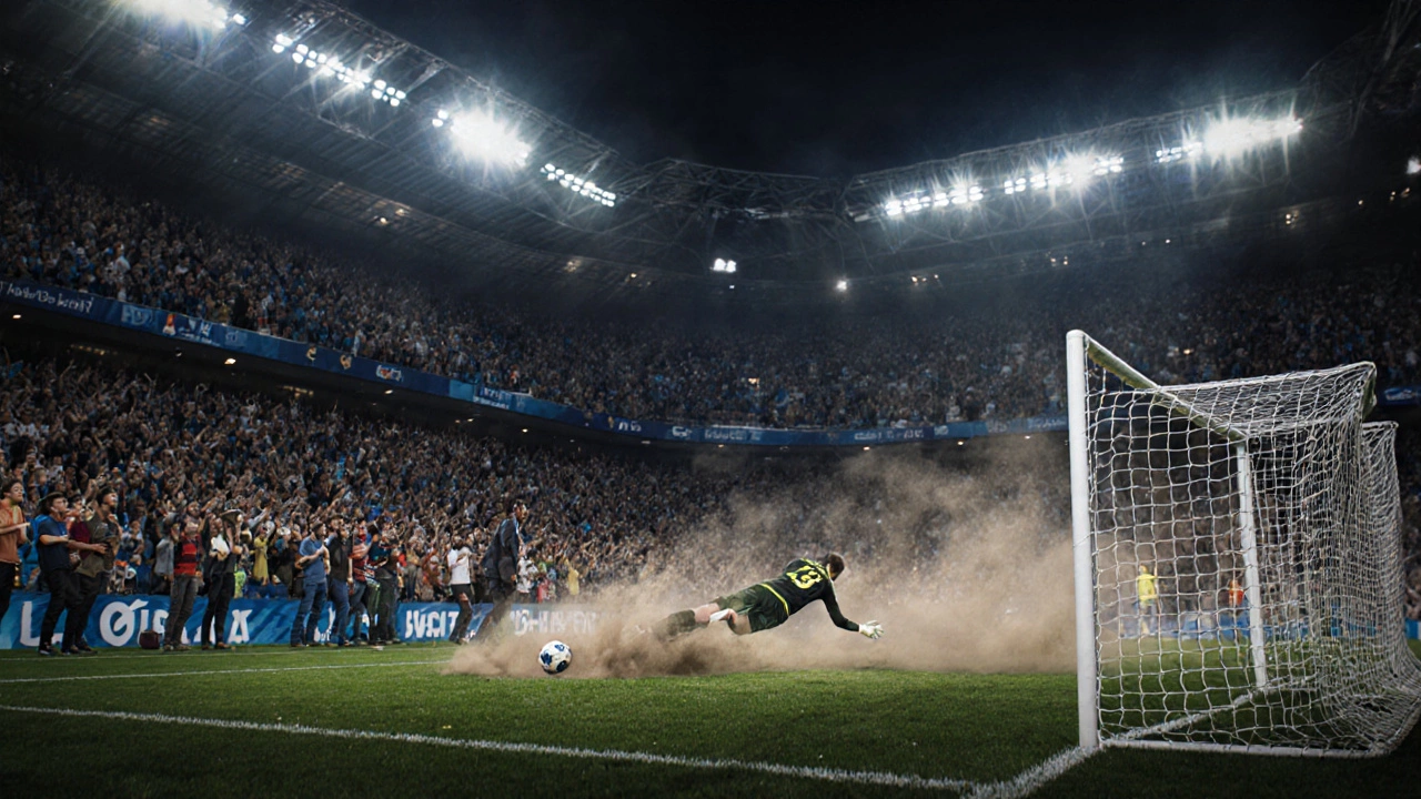 Tense penalty shootout in a night stadium, goalkeeper diving as crowd holds breath.